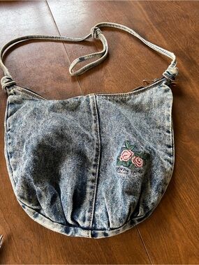 Embroidered Pink Rose Denim Shoulder Bag